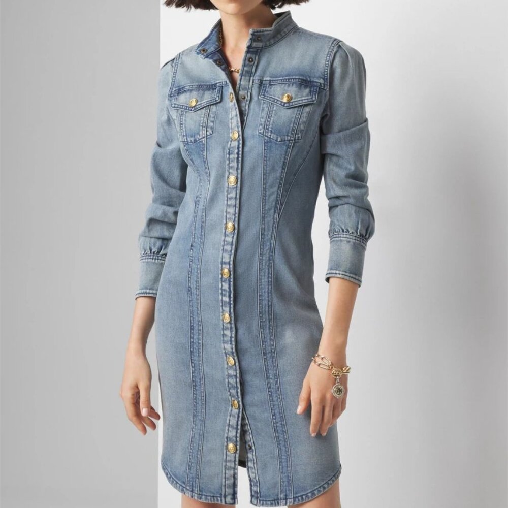 nwt WHITE HOUSE BLACK MARKET ls denim shirt dress stretchy 8 petite